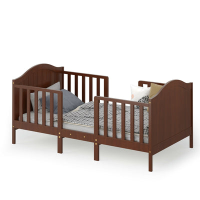 2-in-1 Classic Convertible Wooden Toddler Bed with 2 Side Guardrails for Extra Safety-Brown - Relaxacare
