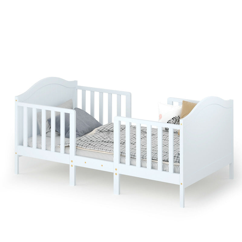 2-in-1 Classic Convertible Wooden Toddler Bed with 2 Side Guardrails for Extra Safety-White - Relaxacare