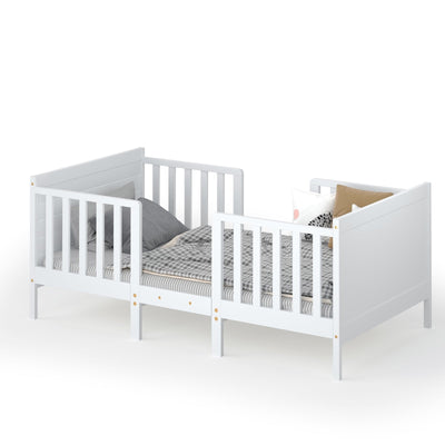 2-in-1 Convertible Kids Wooden Bedroom Furniture with Guardrails-White - Relaxacare