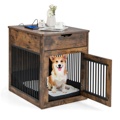 2-In-1 Dog House with Drawer and Wired Wireless Charging-Rustic Brown - Relaxacare
