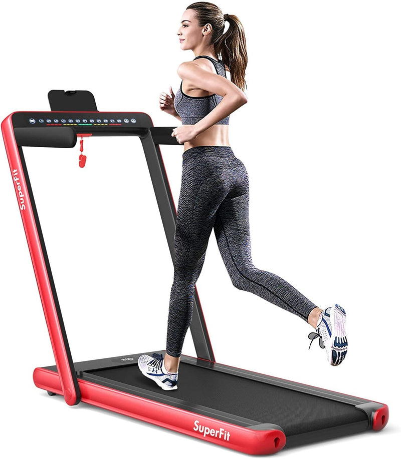 2-in-1 Electric Motorized Health and Fitness Folding Treadmill with Dual Display and Speaker-Red - Relaxacare
