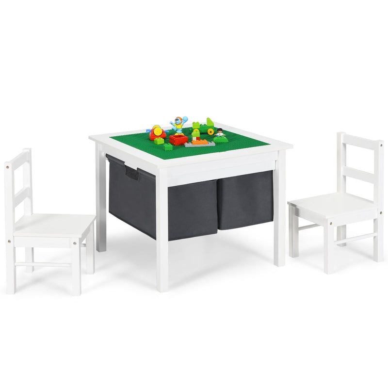2-in-1 Kids Activity Table and 2 Chairs Set with Storage Building Block Table-White - Relaxacare
