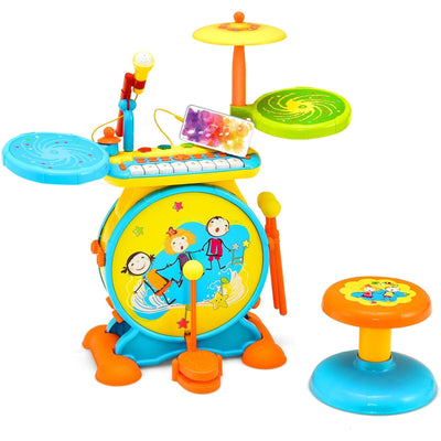 2-in-1 Kids Electronic Drum and Keyboard Set with Stool-Blue - Relaxacare
