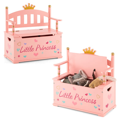 2-In-1 Kids Princess Wooden Toy Box with Safe Hinged Lid-Pink - Relaxacare