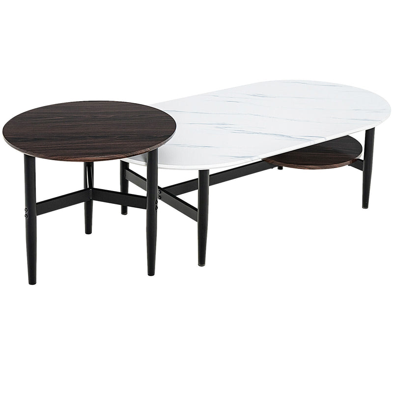 2 in 1 Nesting Coffee Table with Oval Coffee Table and Small Round Table - Relaxacare