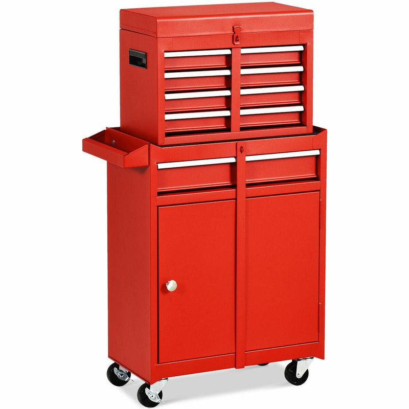 2-in-1 Tool Chest and Cabinet with 5 Sliding Drawers-Red - Relaxacare