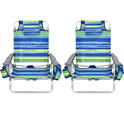 2-Pack Folding Backpack Beach Chair 5-Position Outdoor Reclining Chairs with Pillow-Blue - Relaxacare