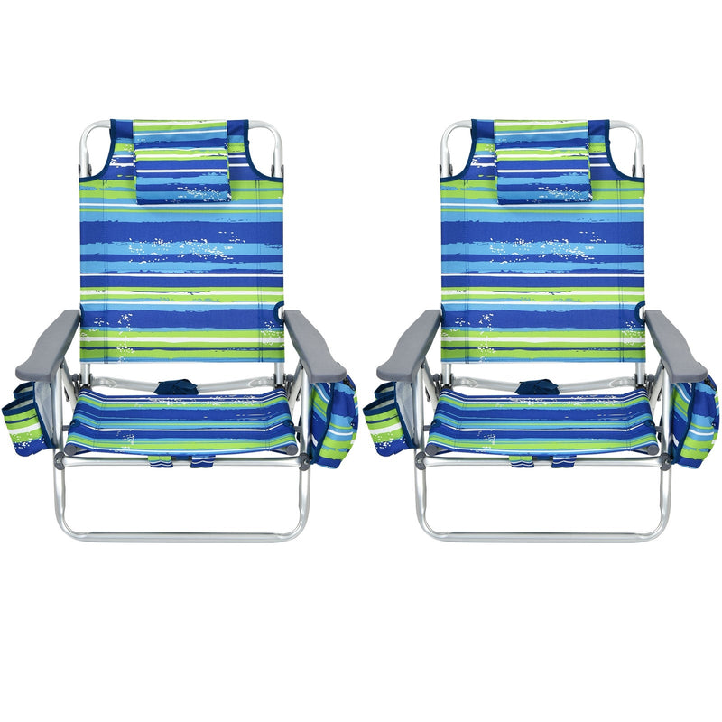 2-Pack Folding Backpack Beach Chair 5-Position Outdoor Reclining Chairs with Pillow-Blue - Relaxacare
