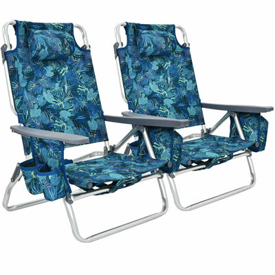 2-Pack Folding Backpack Beach Chair 5-Position Outdoor Reclining Chairs with Pillow-Navy - Relaxacare