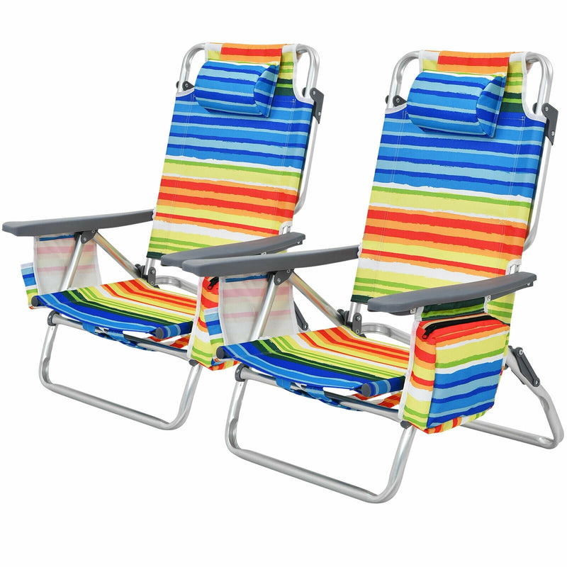 2-Pack Folding Backpack Beach Chair 5-Position Outdoor Reclining Chairs with Pillow-Yellow - Relaxacare