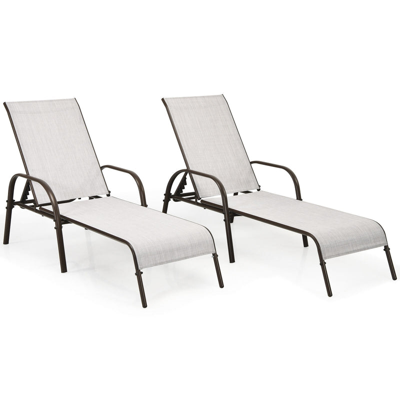 2 Pcs Outdoor Patio Lounge Chair Chaise Fabric with Adjustable Reclining Armrest-Gray - Relaxacare