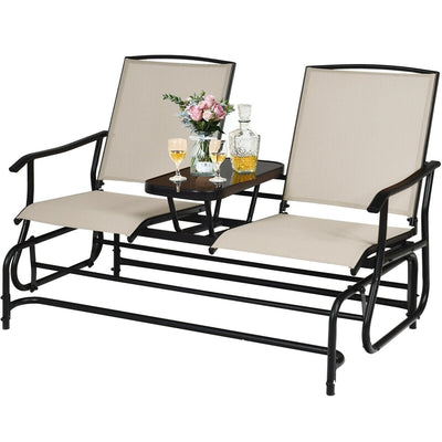2-Person Double Rocking Loveseat with Mesh Fabric and Center Tempered Glass Table - Relaxacare