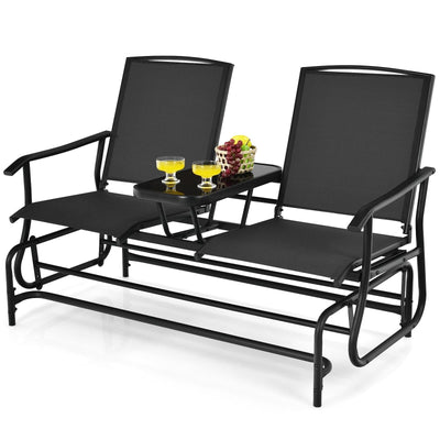 2-Person Double Rocking Loveseat with Mesh Fabric and Center Tempered Glass Table-Black - Relaxacare