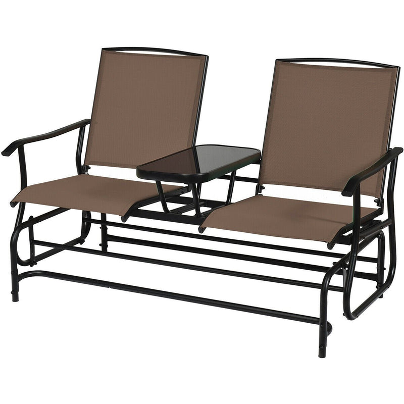 2-Person Double Rocking Loveseat with Mesh Fabric and Center Tempered Glass Table-Brown - Relaxacare
