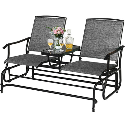 2-Person Double Rocking Loveseat with Mesh Fabric and Center Tempered Glass Table-Gray - Relaxacare