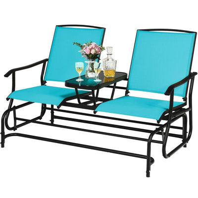 2-Person Double Rocking Loveseat with Mesh Fabric and Center Tempered Glass Table-Turquoise - Relaxacare