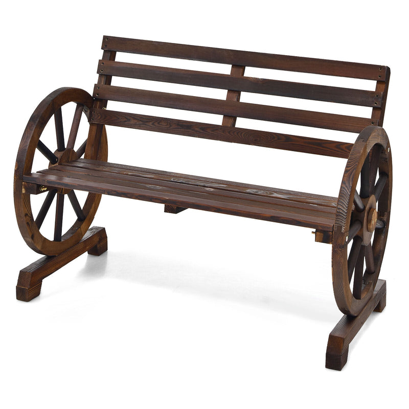 2-Person Outdoor Wooden Wagon Wheel Garden Bench-Brown - Relaxacare