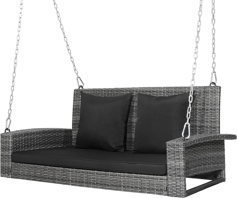 2-Person Patio PE Wicker Hanging Porch Swing Bench Chair Cushion 800 Pounds-Black - Relaxacare