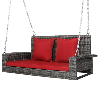 2-Person Patio PE Wicker Hanging Porch Swing Bench Chair Cushion 800 Pounds-Red - Relaxacare