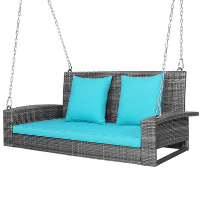 2-Person Patio PE Wicker Hanging Porch Swing Bench Chair Cushion 800 Pounds-Turquoise - Relaxacare