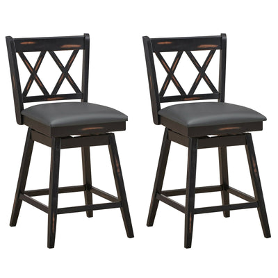 2 Pieces 24 Inch Swivel Counter Height Barstool Set with Rubber Wood Legs-Black - Relaxacare