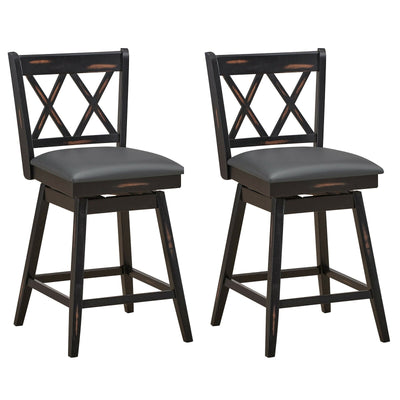 2 Pieces 24 Inches Swivel Counter Height Barstool Set with Rubber Wood Legs-Black - Relaxacare
