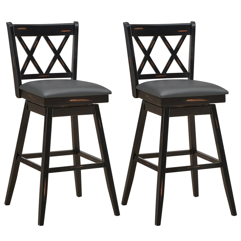 2 Pieces 29 Inch Swivel Counter Height Barstool Set with Rubber Wood Legs-Black - Relaxacare