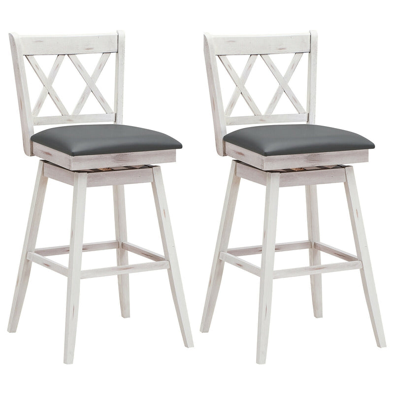 2 Pieces 29 Inches Swivel Counter Height Barstool Set with Rubber Wood Legs-White - Relaxacare