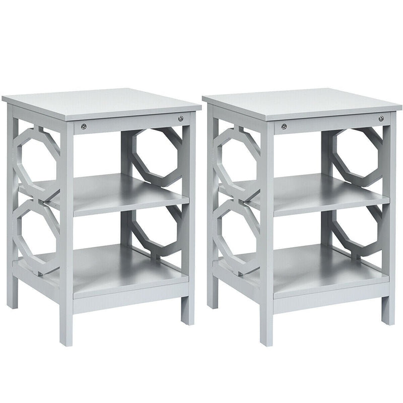 2 Pieces 3-tier Nightstand Sofa Side End Accent Table Storage Display Shelf-Gray - Relaxacare
