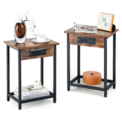 2 Pieces Bedside Nightstand Set with Open Shelf and Charging Station - Relaxacare