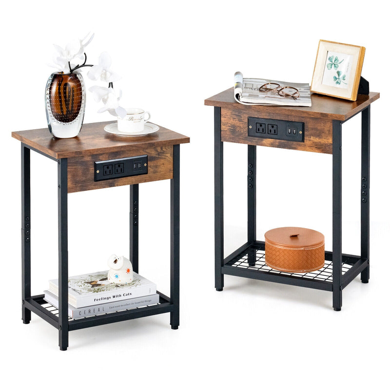2 Pieces Bedside Nightstand Set with Open Shelf and Charging Station - Relaxacare