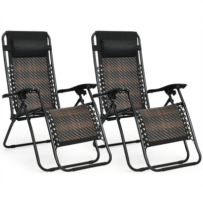 2 Pieces Folding Patio Rattan Zero Gravity Lounge Chair-Brown - Relaxacare