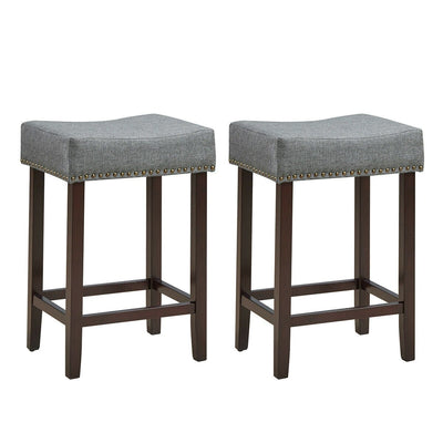 2 Pieces Nailhead Saddle Bar Stools with Fabric Seat and Wood Legs-Gray - Relaxacare