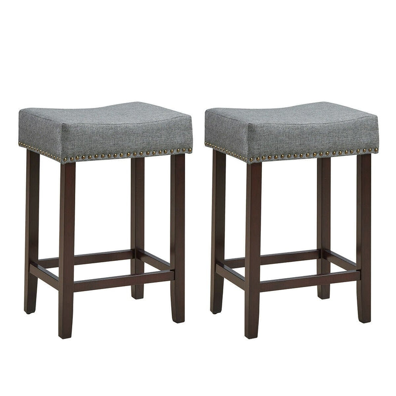 2 Pieces Nailhead Saddle Bar Stools with Fabric Seat and Wood Legs-Gray - Relaxacare