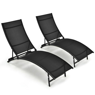 2 Pieces Patio Folding and Stackable Chaise Lounge Chair with 5-Position Adjustment-Black - Relaxacare