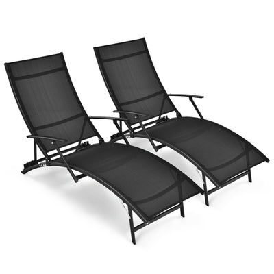 2 Pieces Patio Folding Stackable Lounge Chair Chaise with Armrest-Black - Relaxacare