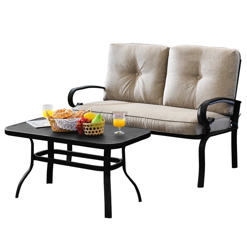 2 Pieces Patio Loveseat Bench Table Furniture Set with Cushioned Chair - Relaxacare