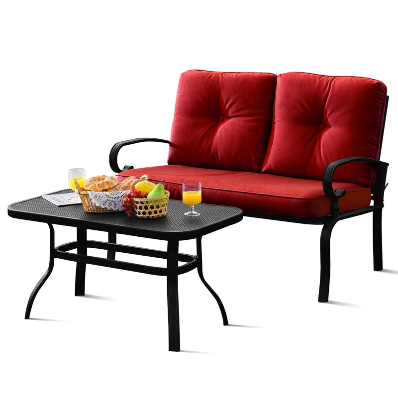 2 Pieces Patio Loveseat Bench Table Furniture Set with Cushioned Chair-Red - Relaxacare