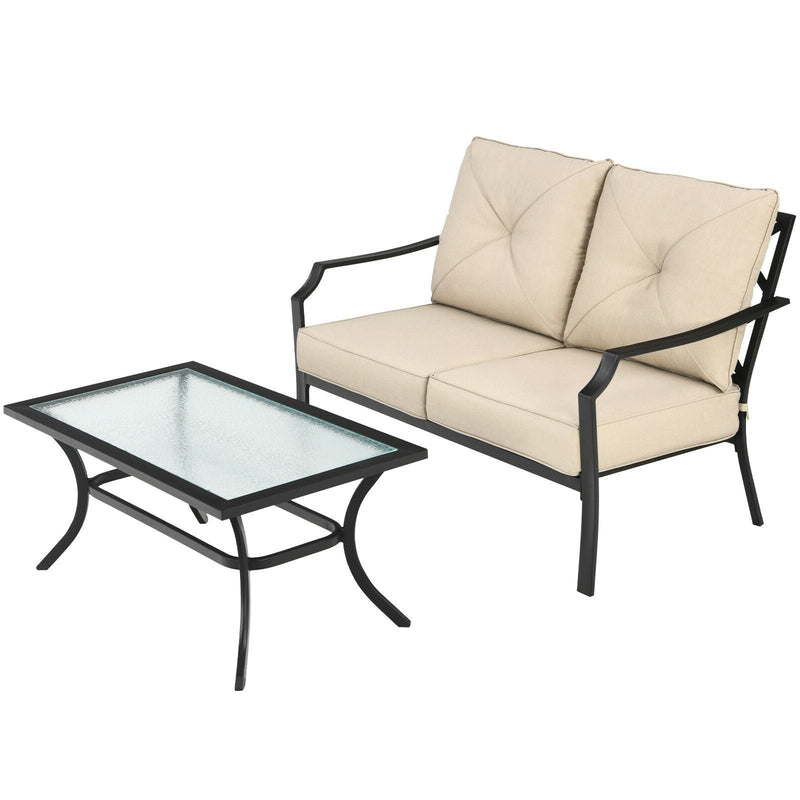 2 Pieces Patio Outdoor Cushioned Sofa Bench with Coffee Table - Relaxacare