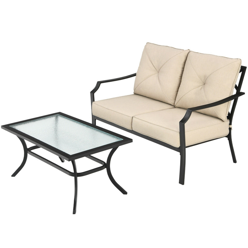 2 Pieces Patio Outdoor Cushioned Sofa Bench with Coffee Table-Beige - Relaxacare