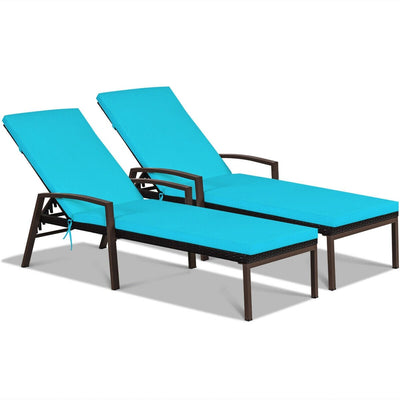 2 Pieces Patio Rattan Adjustable Back Lounge Chair with Armrest and Removable Cushions-Turquoise - Relaxacare