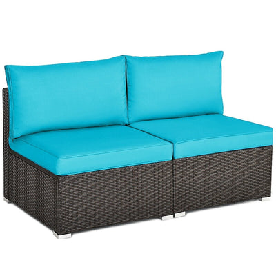 2 Pieces Patio Rattan Armless Sofa Set with 2 Cushions and 2 Pillows-Blue - Relaxacare