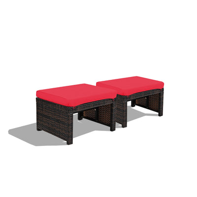 2 Pieces Patio Rattan Ottomans with Soft Cushion for Patio and Garden-Red - Relaxacare