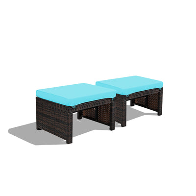 2 Pieces Patio Rattan Ottomans with Soft Cushion for Patio and Garden-Turquoise - Relaxacare