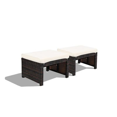 2 Pieces Patio Rattan Ottomans with Soft Cushion for Patio and Garden-White - Relaxacare