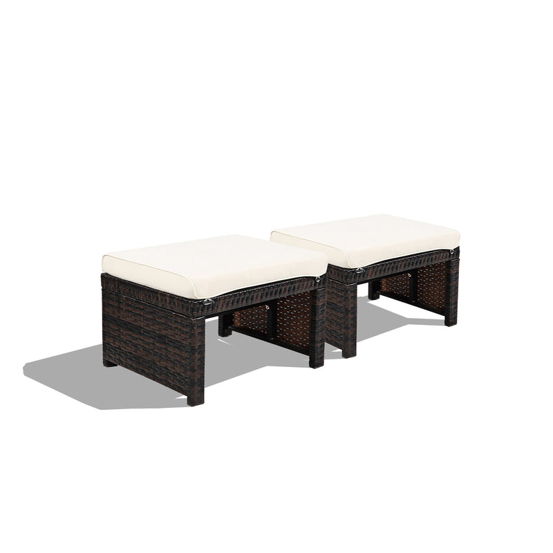 2 Pieces Patio Rattan Ottomans with Soft Cushion for Patio and Garden-White - Relaxacare