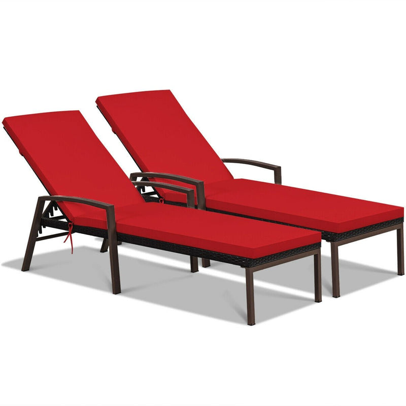 2 Pieces Patio Rattan Reclining Chaise Lounge Chair with Cushion and Armrest - Relaxacare