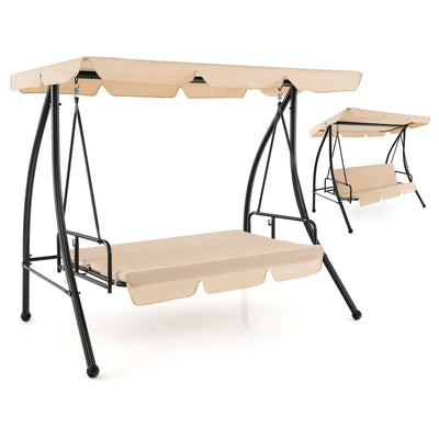 2-Seat Outdoor Convertible Swing Chair with Flat Bed and Adjustable Canopy-Beige - Relaxacare