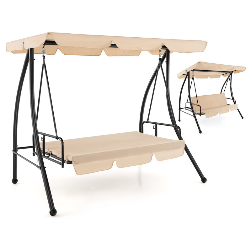 2-Seat Outdoor Convertible Swing Chair with Flat Bed and Adjustable Canopy-Beige - Relaxacare