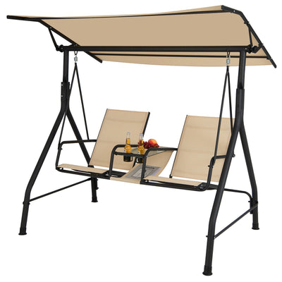 2-Seat Outdoor Cushioned Porch Swing with Adjustable Canopy and Tempered Glass Table - Relaxacare